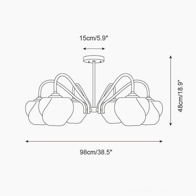 8-head sculptural chandelier technical schematic showing larger scale dimensions compared to standard models