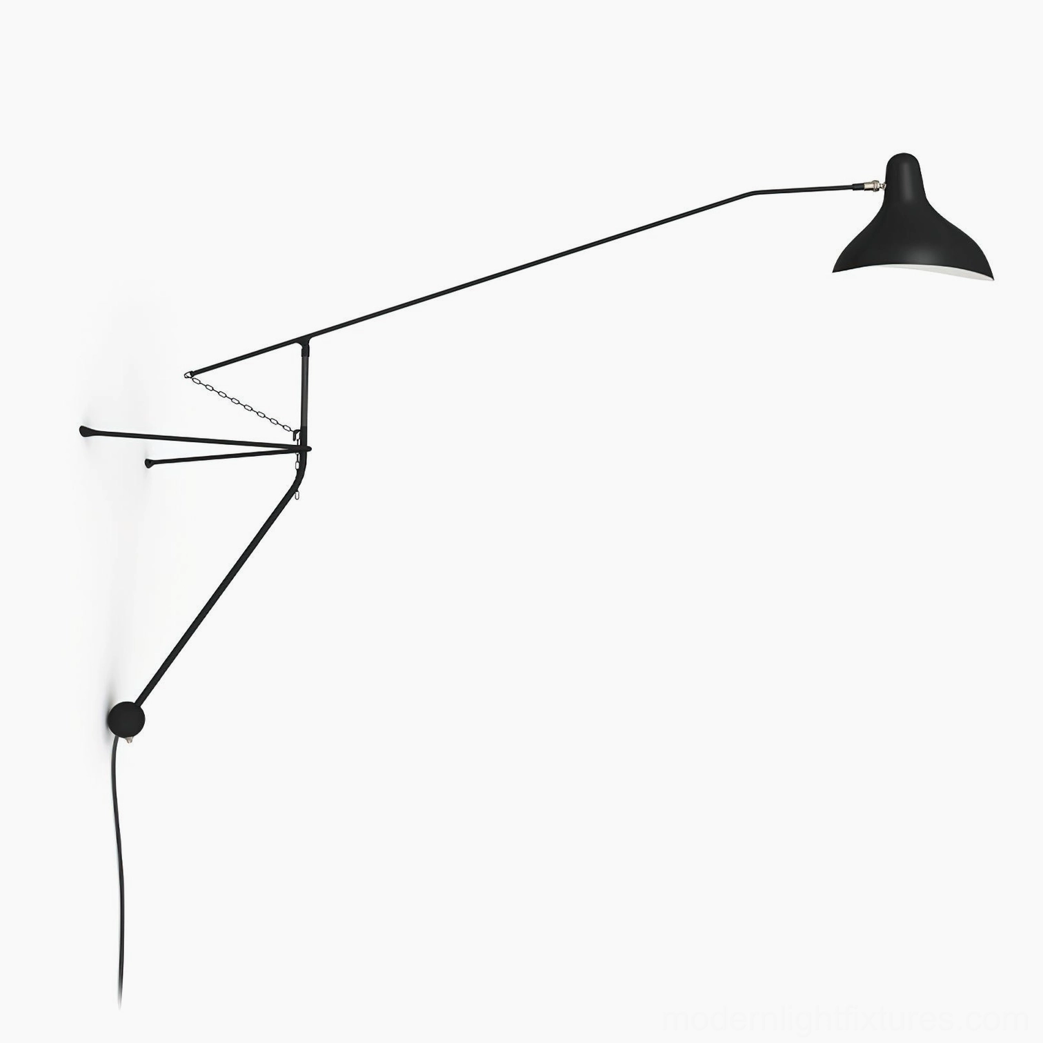 Extended large black articulating mantis wall sconce front elevation view
