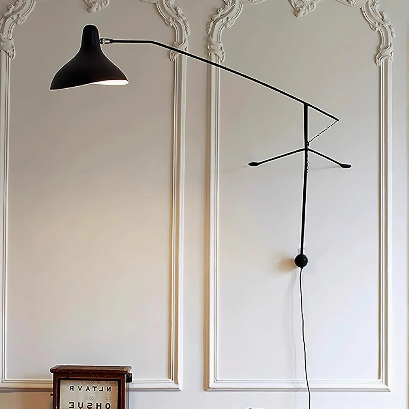 Extended black mantis wall lamp large reach statement fixture design