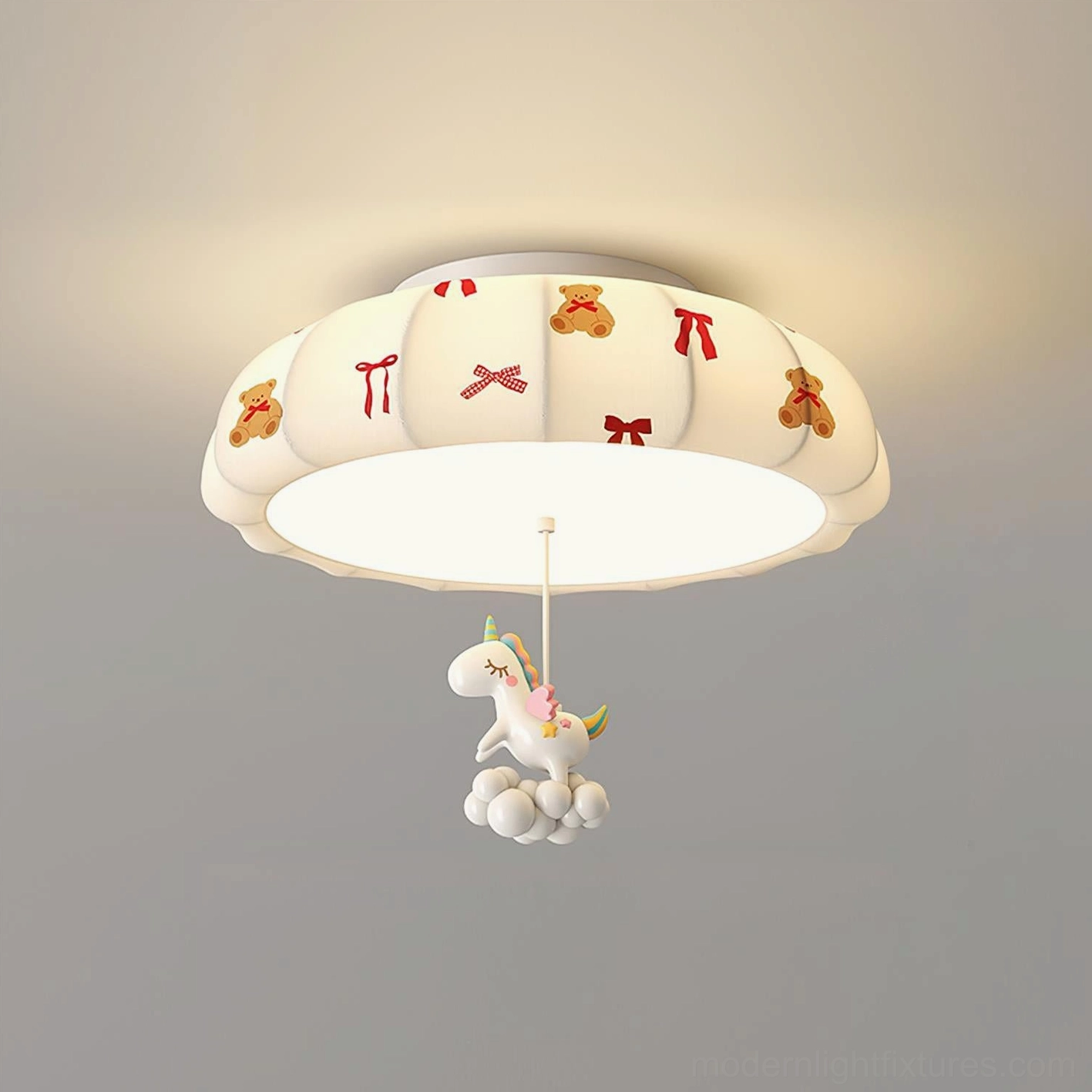 Extended pumpkin ceiling lamp fixture showing full length with hanging character ornament, warm white LED integrated lighting system