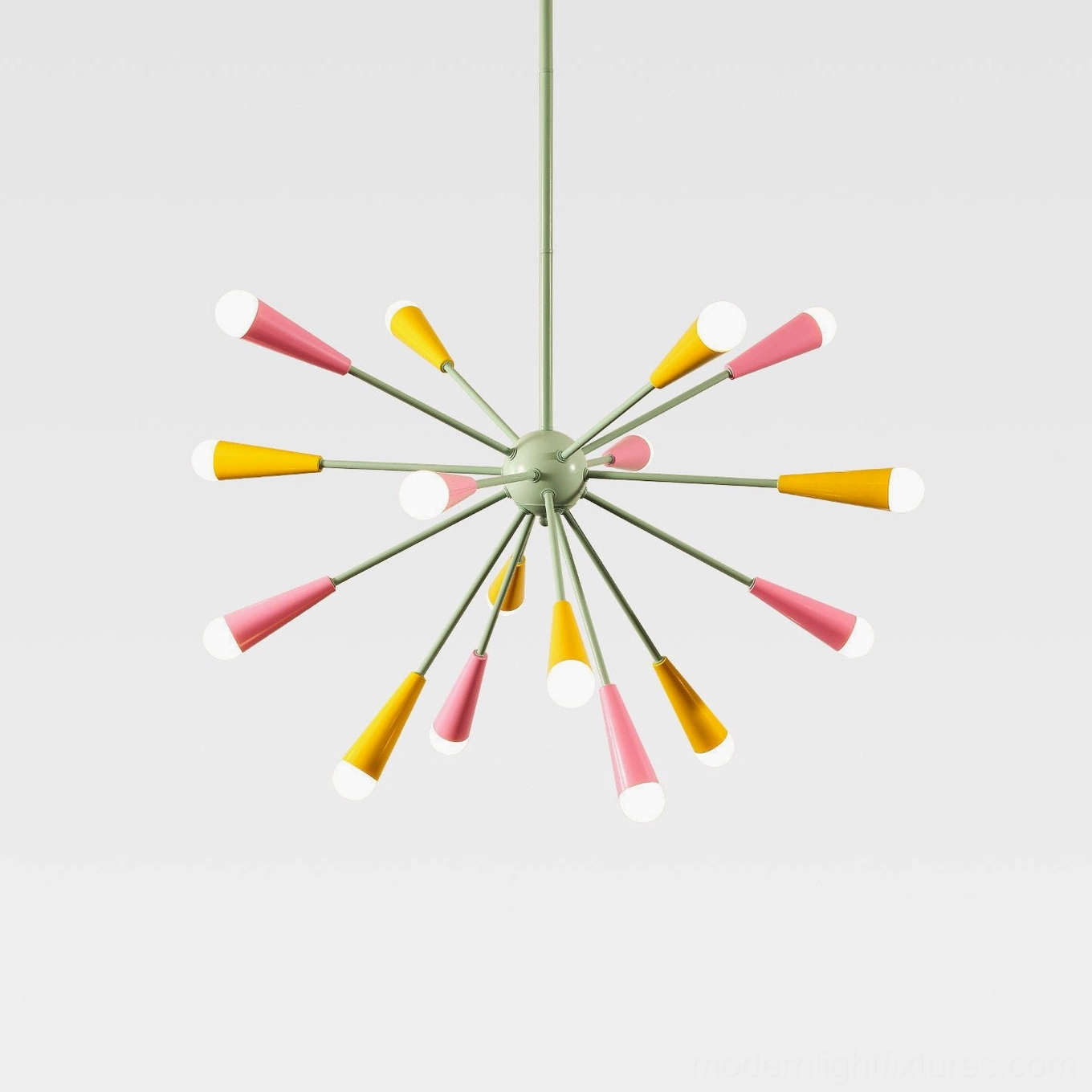 Extended sputnik chandelier design, pastel mint-green radiant arms with full complement of pink and yellow conical lamp heads, dimensional starburst form