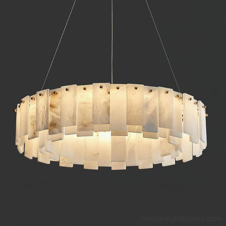 Extra-large 100cm alabaster chandelier installed overhead view, expansive natural stone ring creating architectural statement lighting in contemporary luxury space