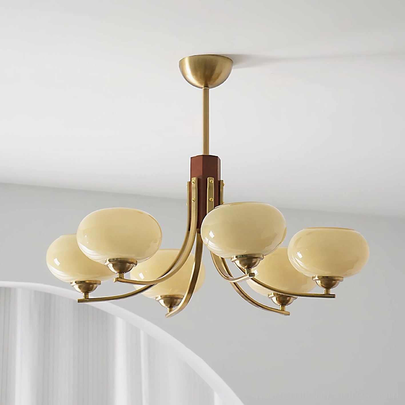 Fabio 6-head beige chandelier showing complete mid-century modern design aesthetic