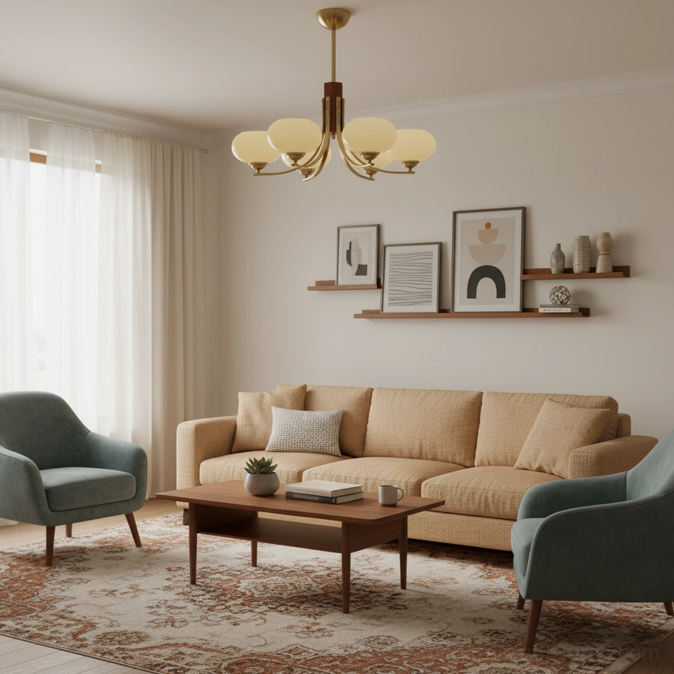 Fabio 6-light chandelier in Nordic Scandinavian living room with warm brass and beige shades