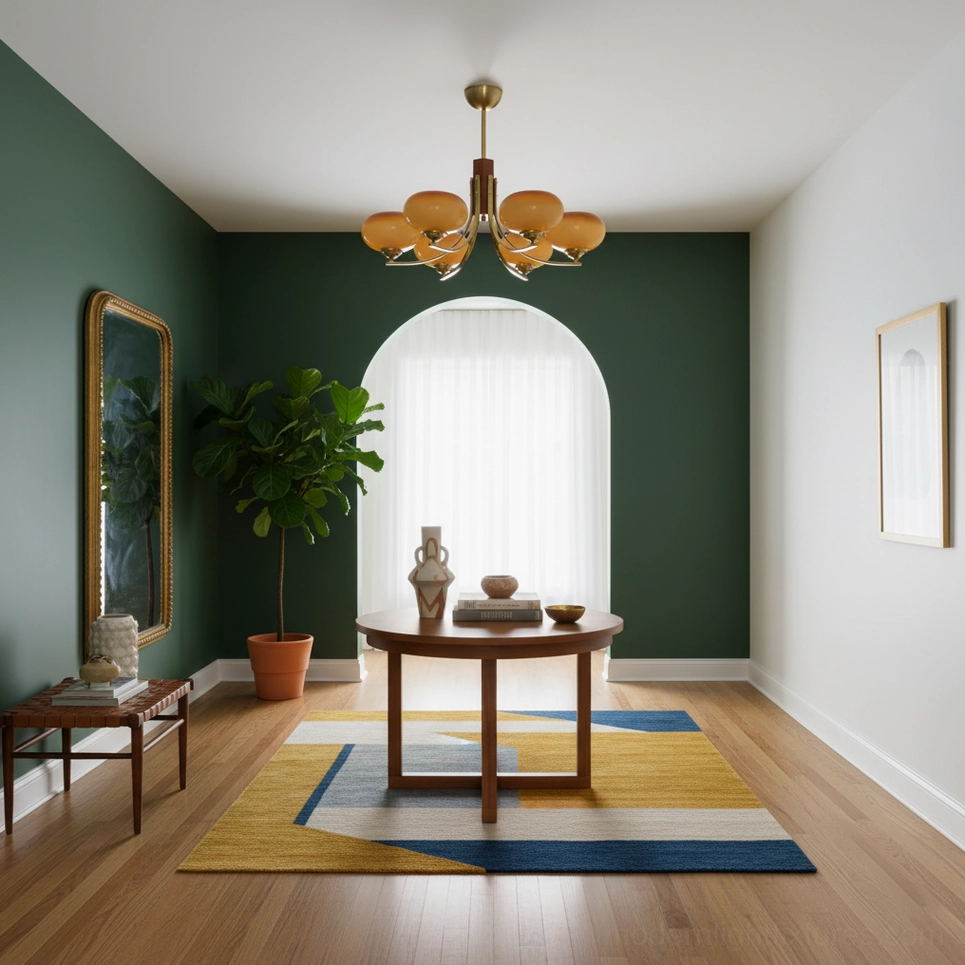 Fabio mid-century chandelier in contemporary dining room with green walls warm ambient lighting