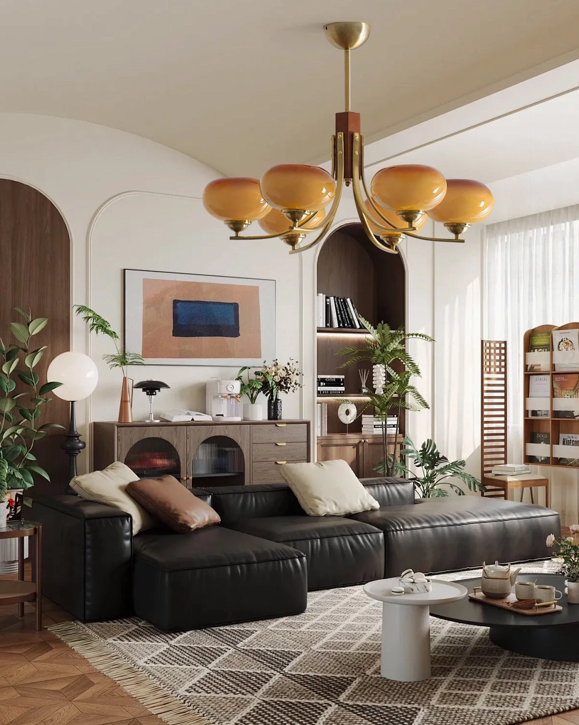 Fabio chandelier installed in mid-century modern living room with black leather sofa and retro decor