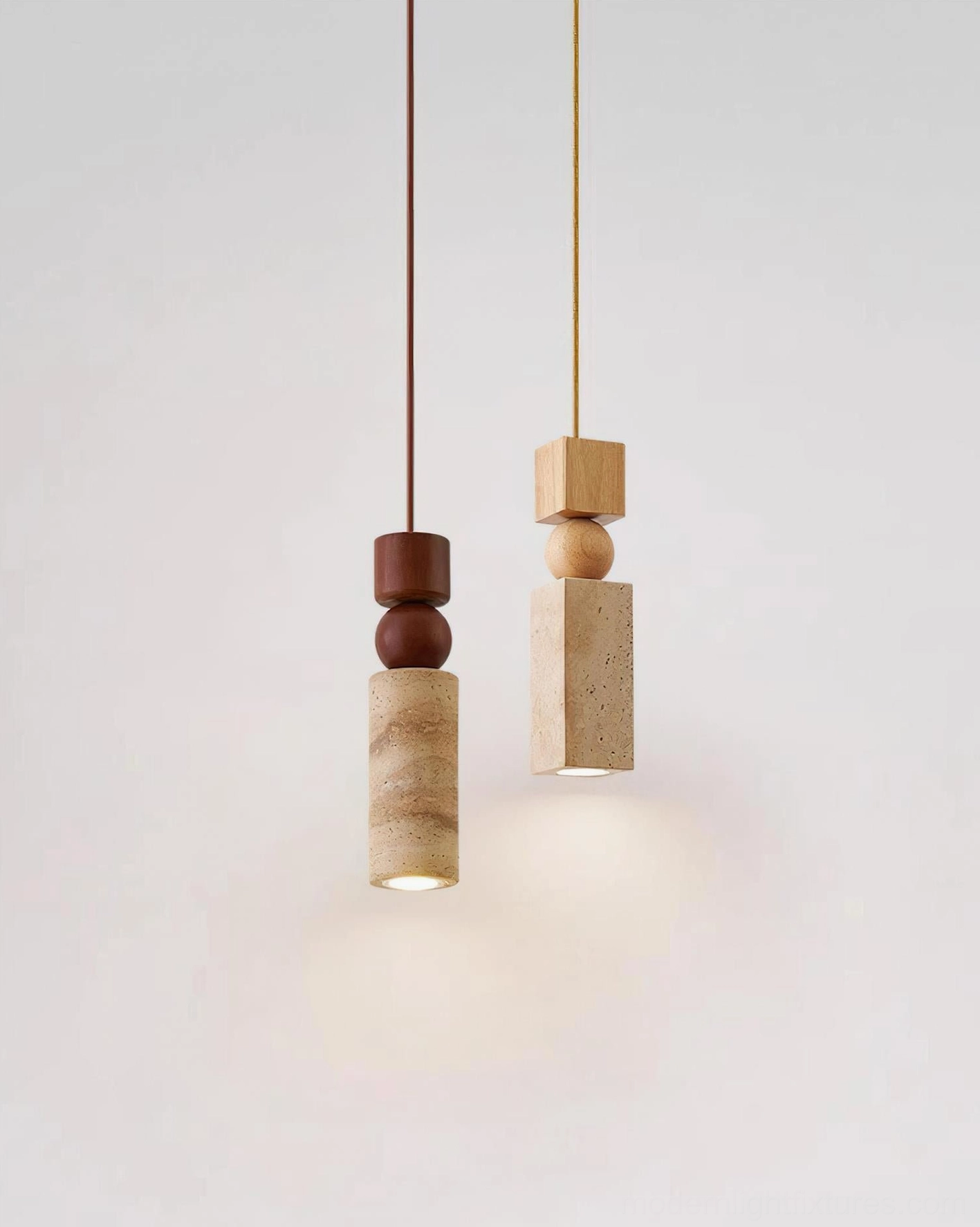 Two Fables geometric pendant lights in different colors - modern travertine stone pendant fixtures with adjustable cord
