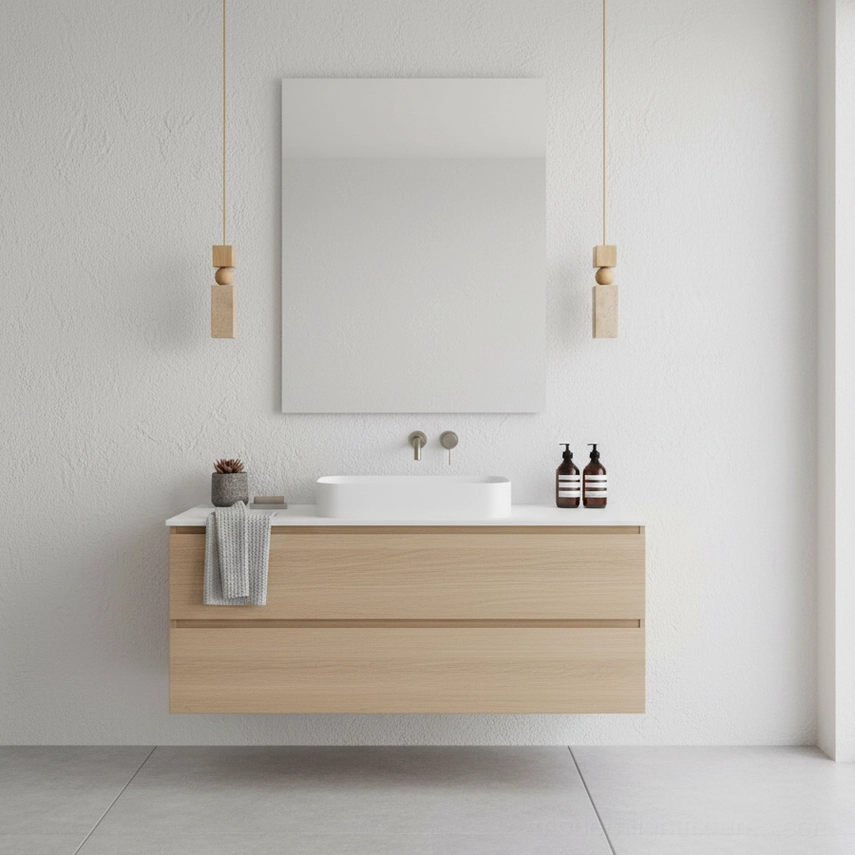 Fables geometric pendant lamps bathroom scene - minimalist japandi bathroom lighting with travertine pendants
