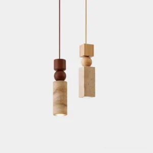 Fables geometric pendant lights - modern travertine and wood pendant light fixtures with stacked sculptural design