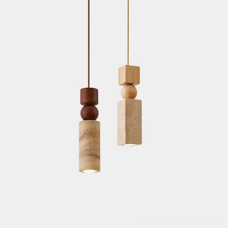 Fables geometric pendant lights - modern travertine and wood pendant light fixtures with stacked sculptural design