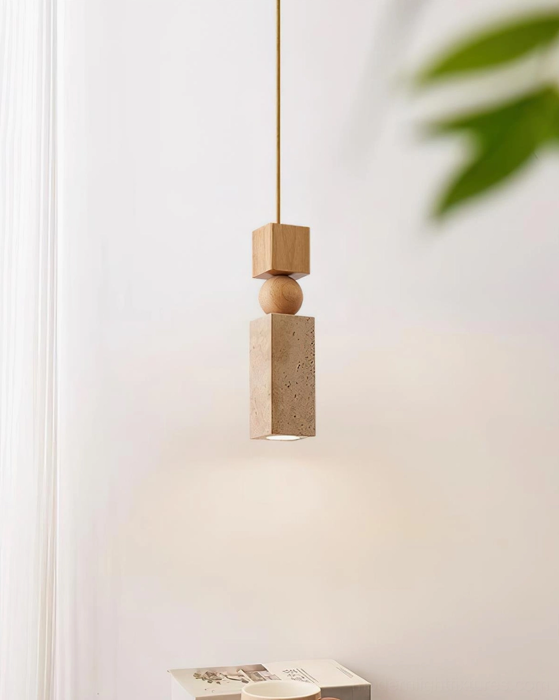 Fables pendant light side view - rustic japandi geometric pendant with solid wood and natural travertine