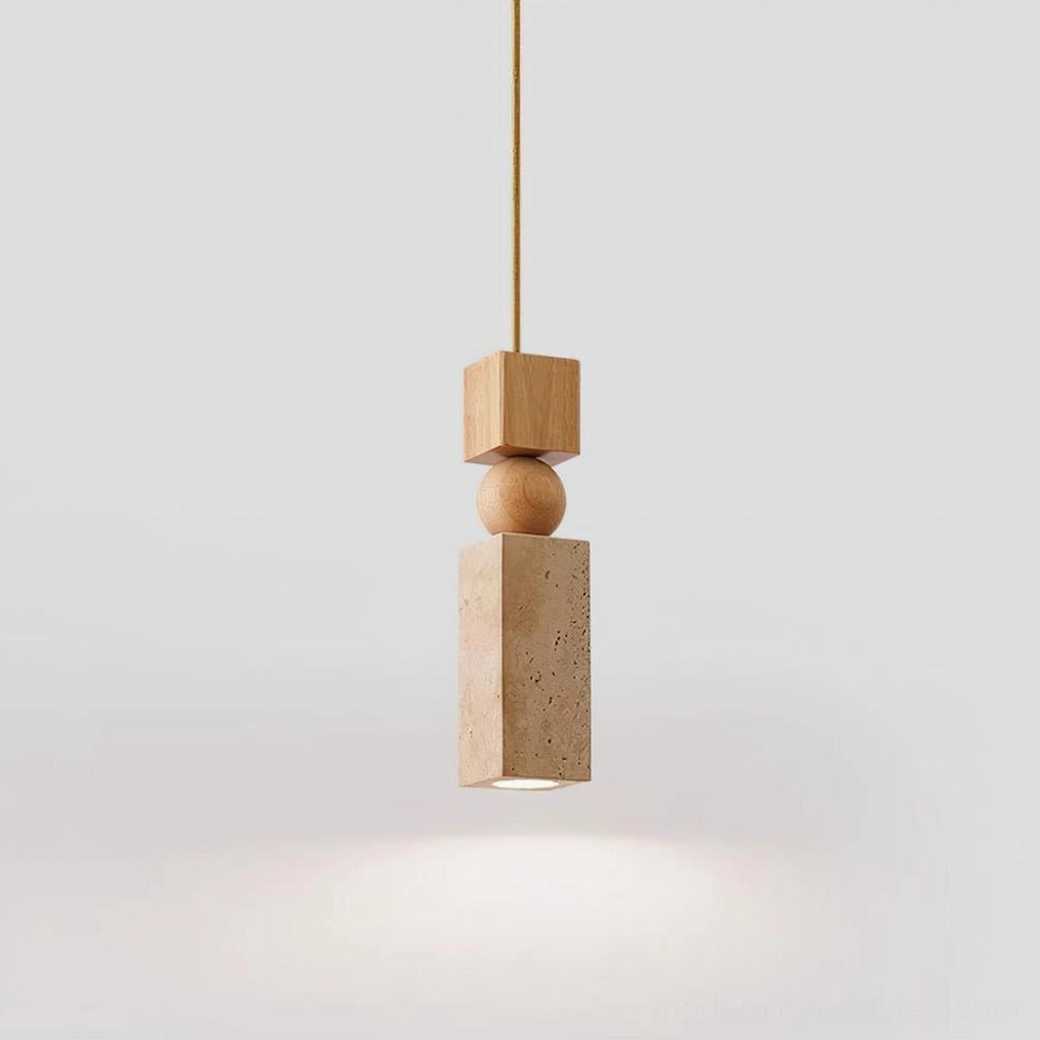 Fables wood color pendant light - Model B with natural wood finish and beige travertine stone shade