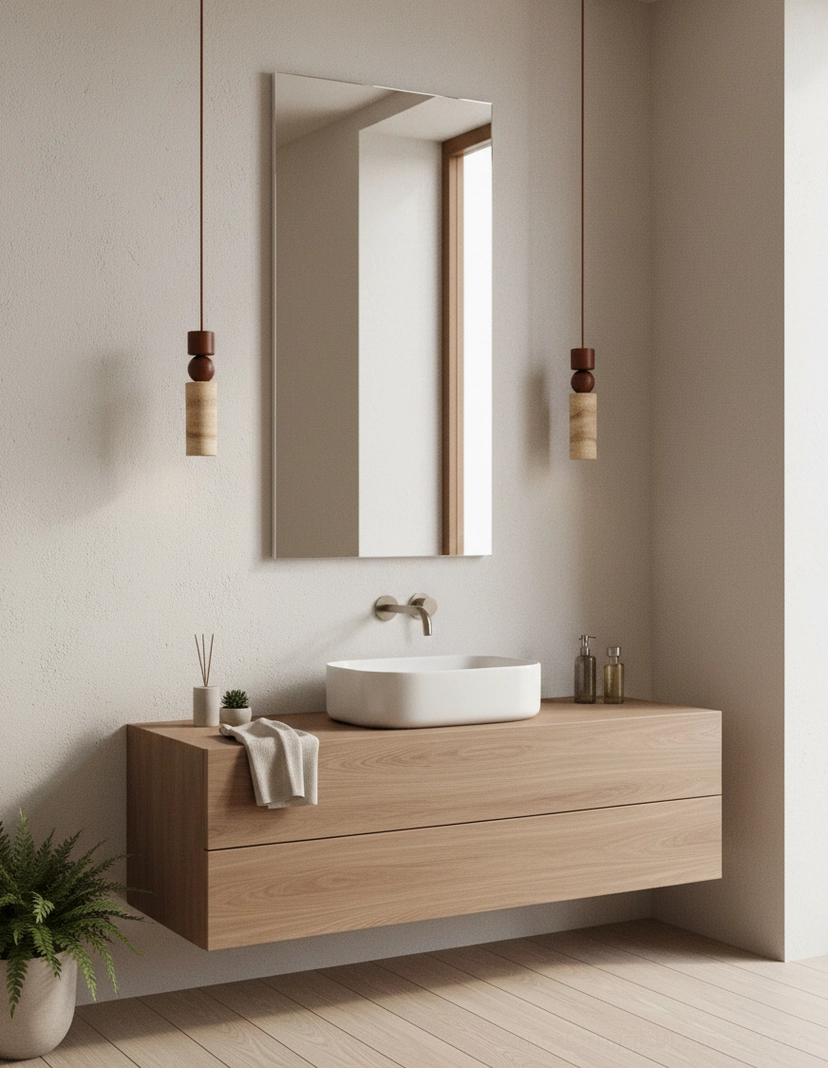 Fables pendant lights in bathroom vanity - japandi geometric pendant fixtures installed above bathroom mirror