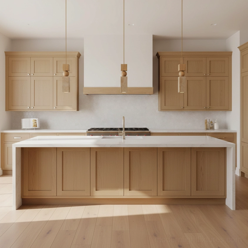 Fables pendant lights over kitchen island - modern travertine wood pendant fixtures in warm kitchen space