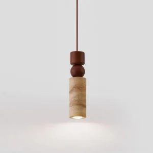 Single Fables pendant lamp - walnut color wood with beige travertine shade, minimalist japandi style lighting