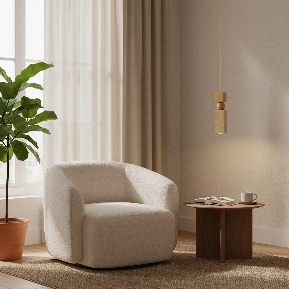 Fables wood and travertine pendant light - contemporary geometric pendant with stacked material design