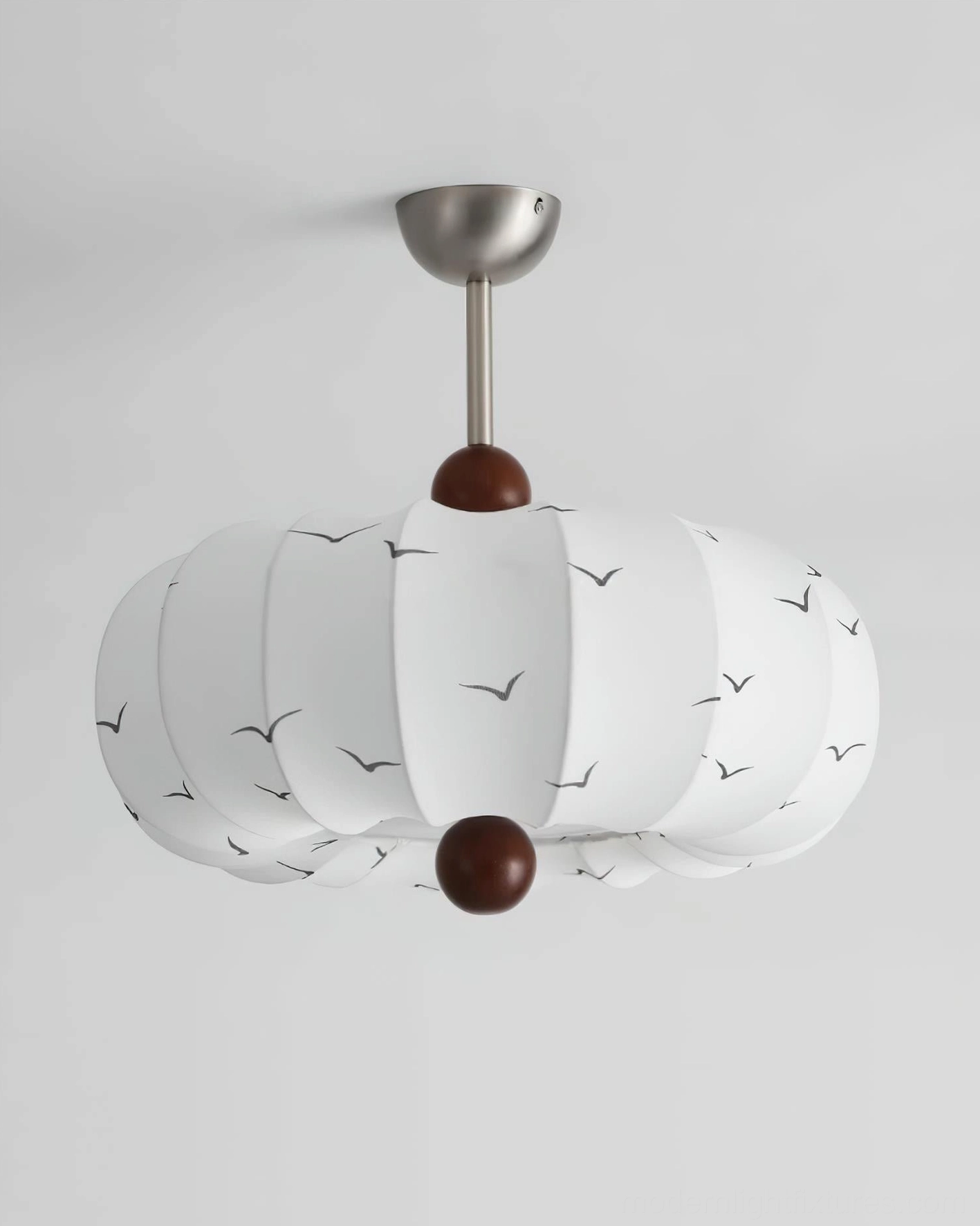 Contemporary fabric ceiling light - right three-quarter view highlighting clear seagull motif prints, dark wood accents, and brushed nickel hardware