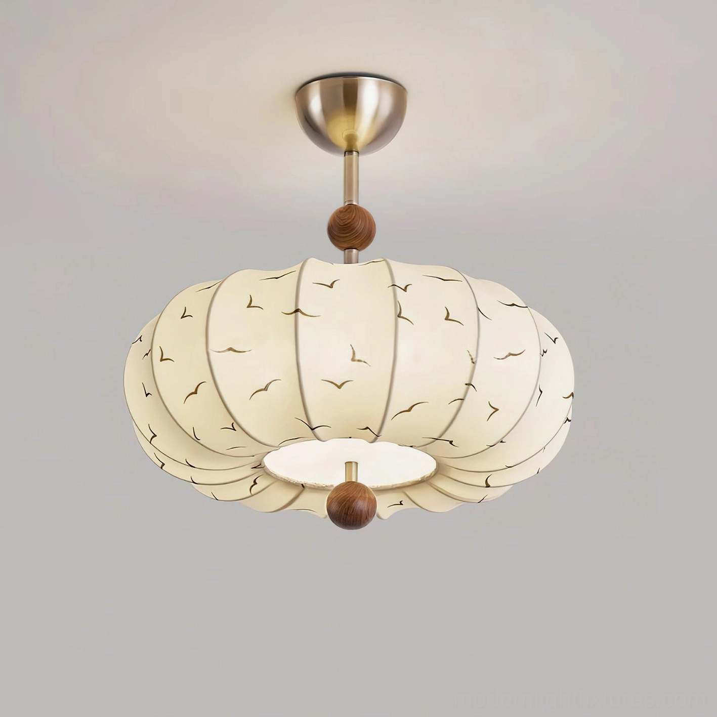 Contemporary pendant ceiling light with seagull pattern - detailed studio view of fabric shade texture and artistic bird motif design