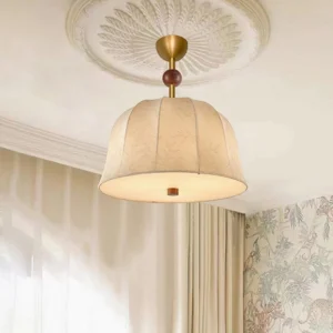 Fabric ceiling pendant light fixture in bedroom - overhead angle showing diffused lighting