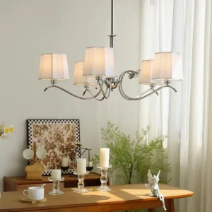 6-light fabric chandelier in traditional country dining room, three-quarter overhead perspective with warm ambient lighting