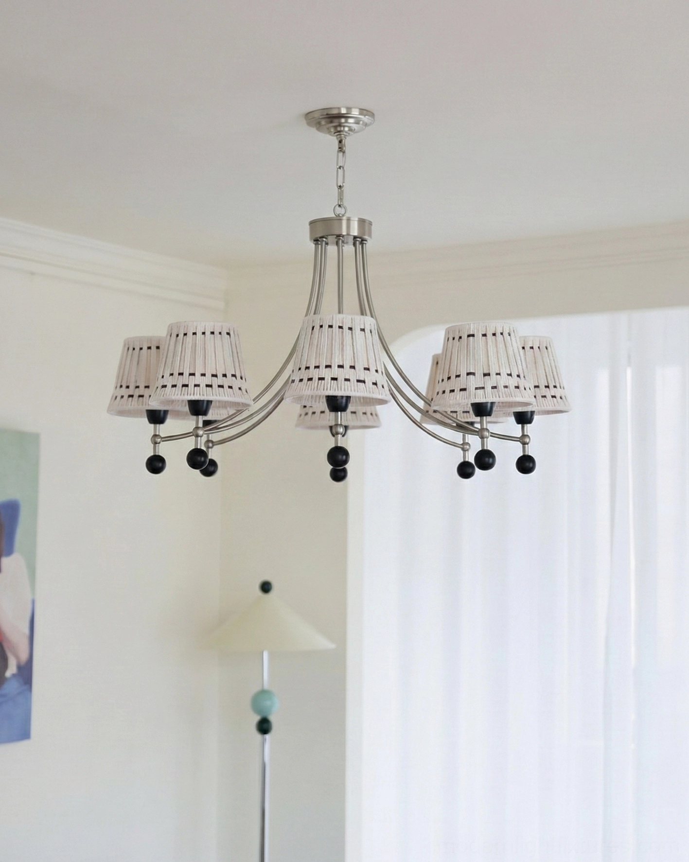 6-Light Fabric Chandelier with Cotton Thread Shades in Residential Neutral Interior