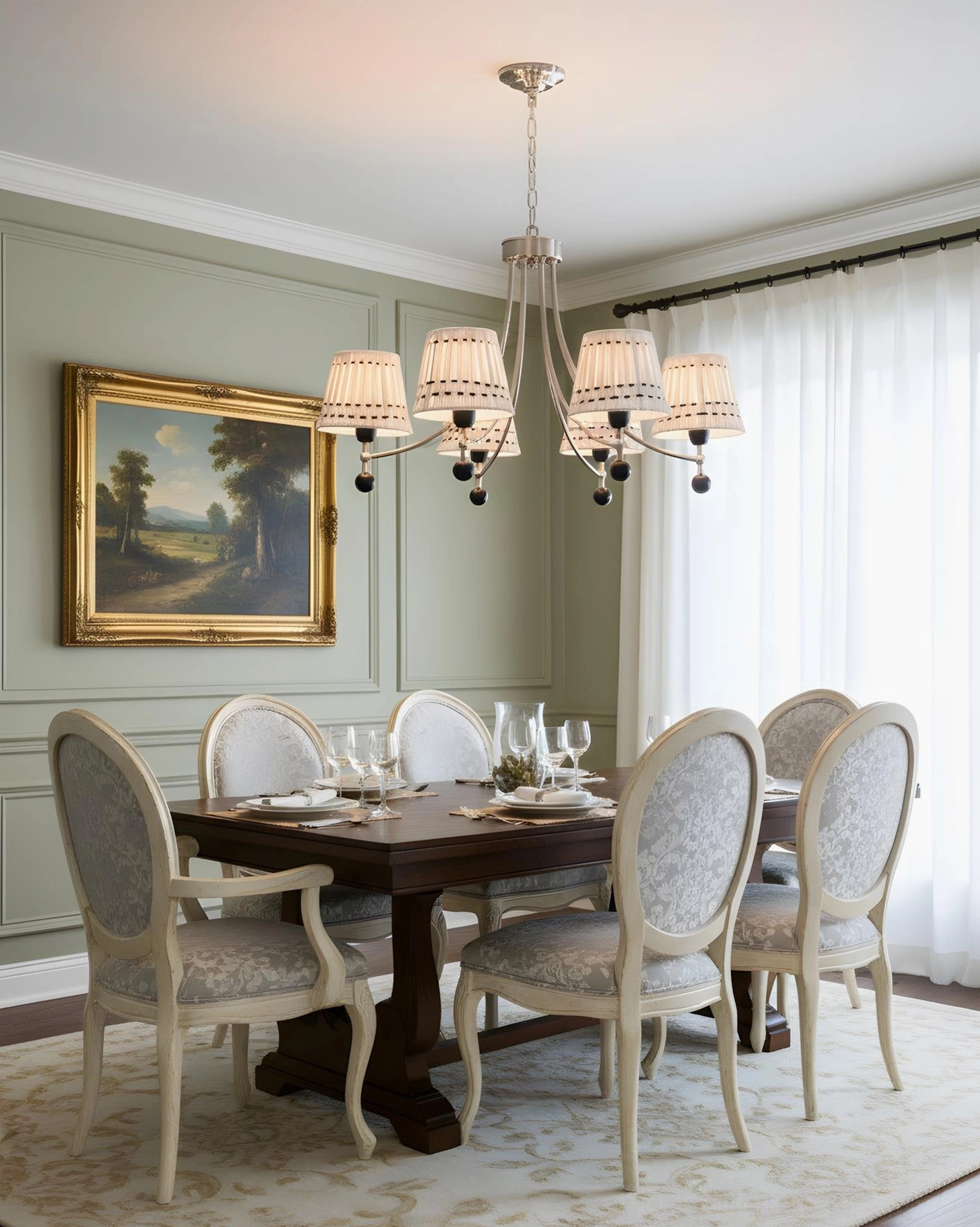 Woven Fabric Chandelier over Formal Dining Table with Green Accent Wall - Dining Room Lighting