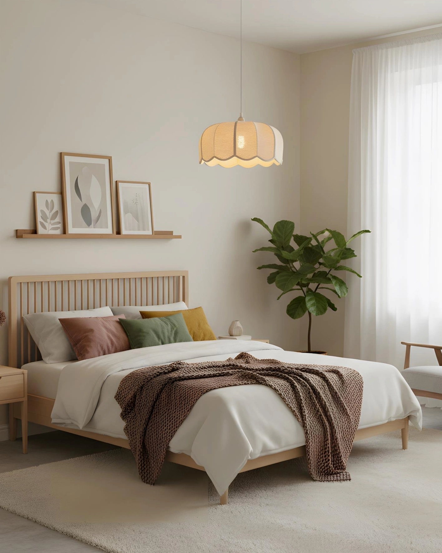 Soft fabric pendant light illuminating minimalist warm bedroom with gentle diffused glow