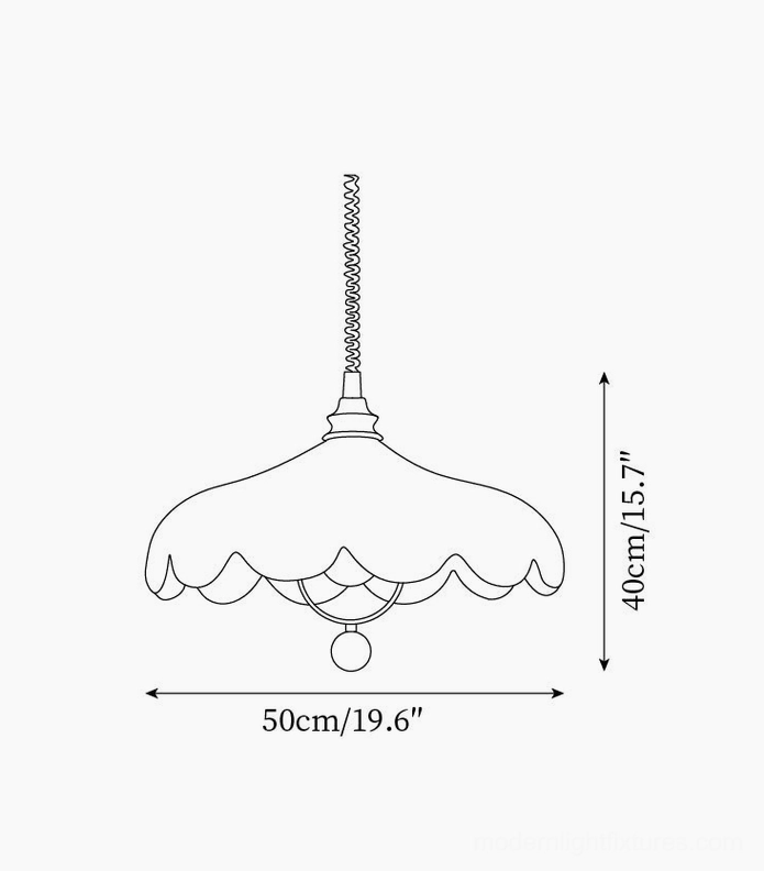 Technical drawing of 50cm diameter fabric pendant lamp with decorative finial detail