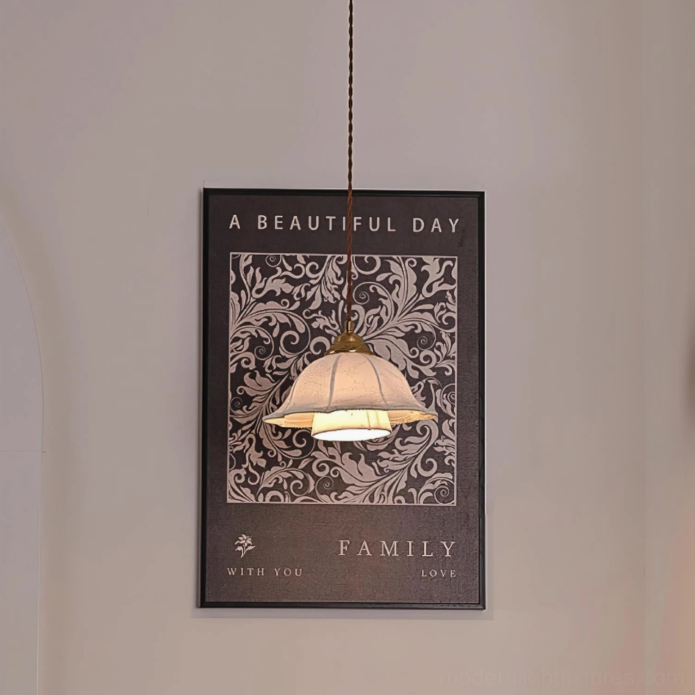 Fabric pendant lamp mounted on residential hallway wall casting soft vintage ambient light