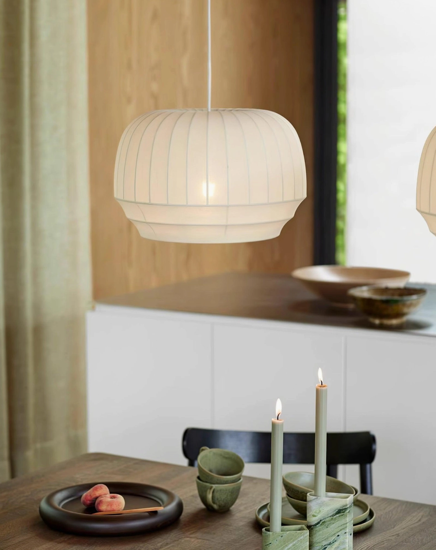 Single barrel fabric pendant lamp kitchen counter - warm white ambient lighting interior