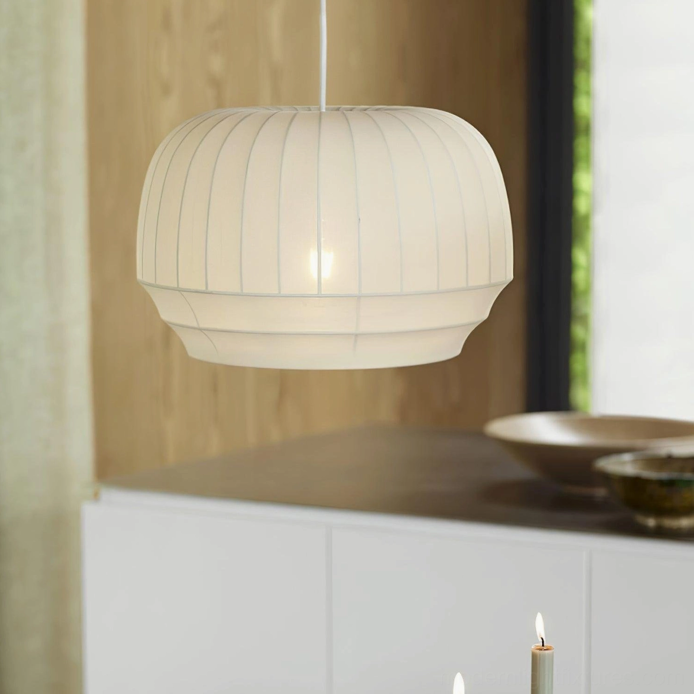 Fabric pendant light bedroom decor - ambient lighting cozy white pleated shade