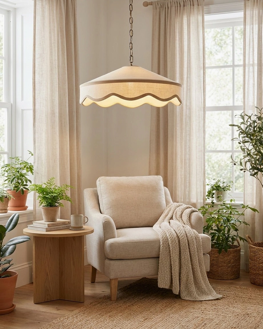 Fabric pendant light over cozy reading nook with armchair, potted plants, and warm neutral tones