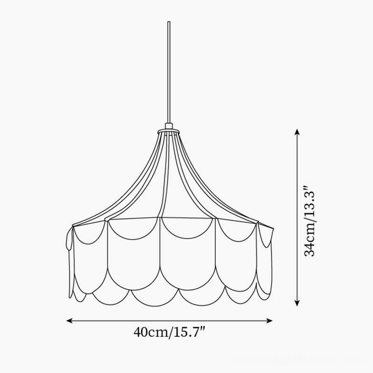 Technical dimension schematic of scalloped fabric pendant light showing 40cm diameter and 34cm height specifications
