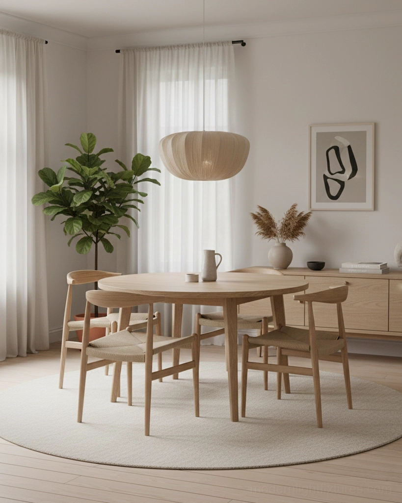 Minimalist fabric pendant lamp suspended above dining table with warm neutral ambiance and soft light diffusion