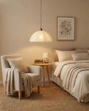 Linvoya fabric pendant light hanging in modern master bedroom, warm ambient light over bedside, boho neutral interior design