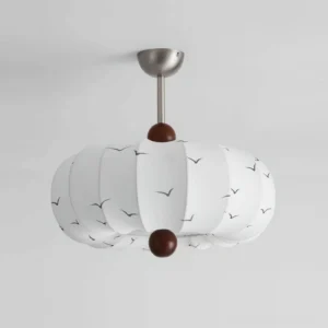 Modern pendant ceiling light with fabric shade - left three-quarter view showing ribbed texture, seagull motif details, and wood decorative elements