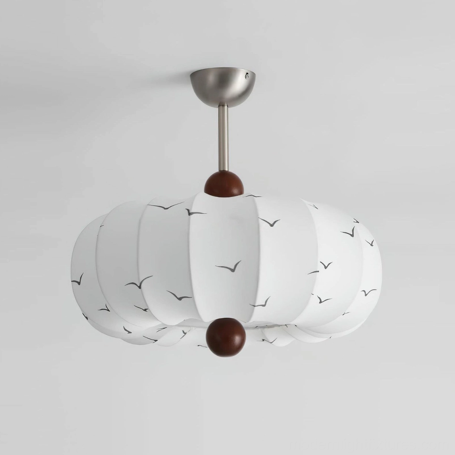 Modern pendant ceiling light with fabric shade - left three-quarter view showing ribbed texture, seagull motif details, and wood decorative elements
