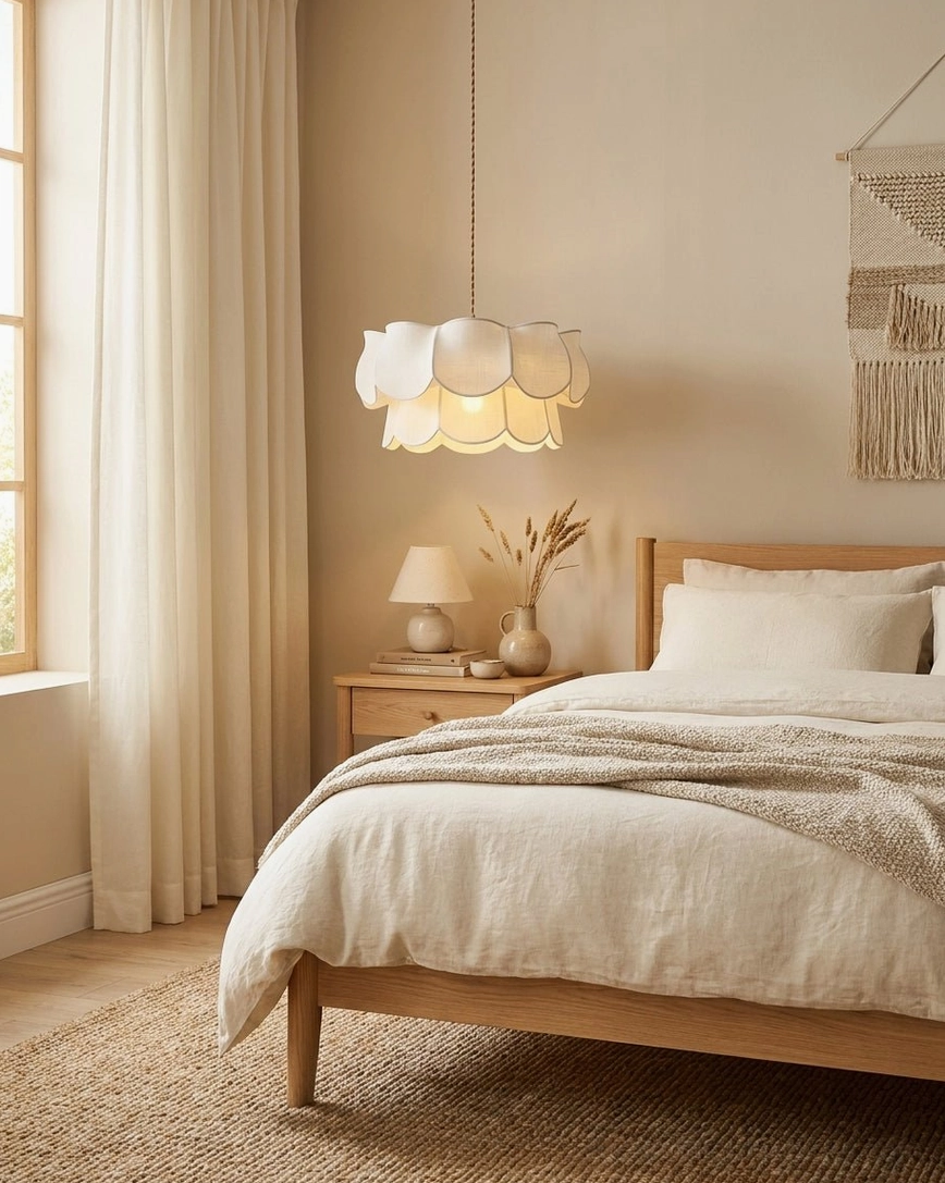 Two-tier fabric petal pendant light in cozy master bedroom, side angle view showing soft warm glow, natural ambient lighting for bedroom relaxation