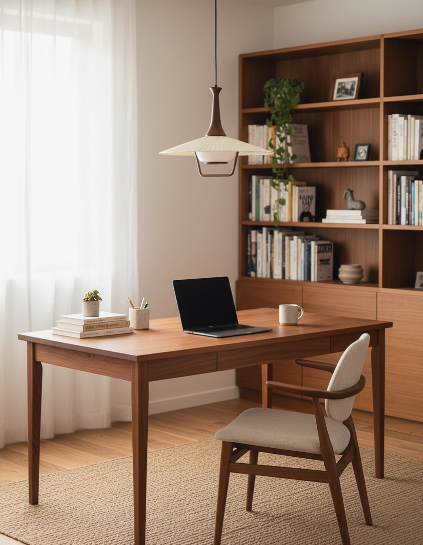 Fabric pleated pendant light warm glow illumination in residential interior space