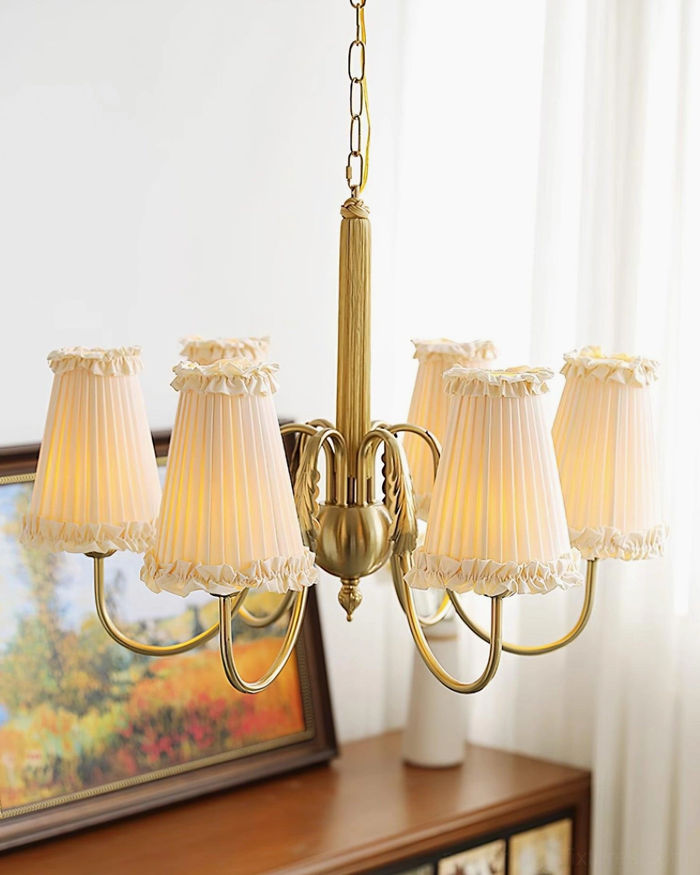 fabric shade vintage gold chandelier warm ambient lighting effect