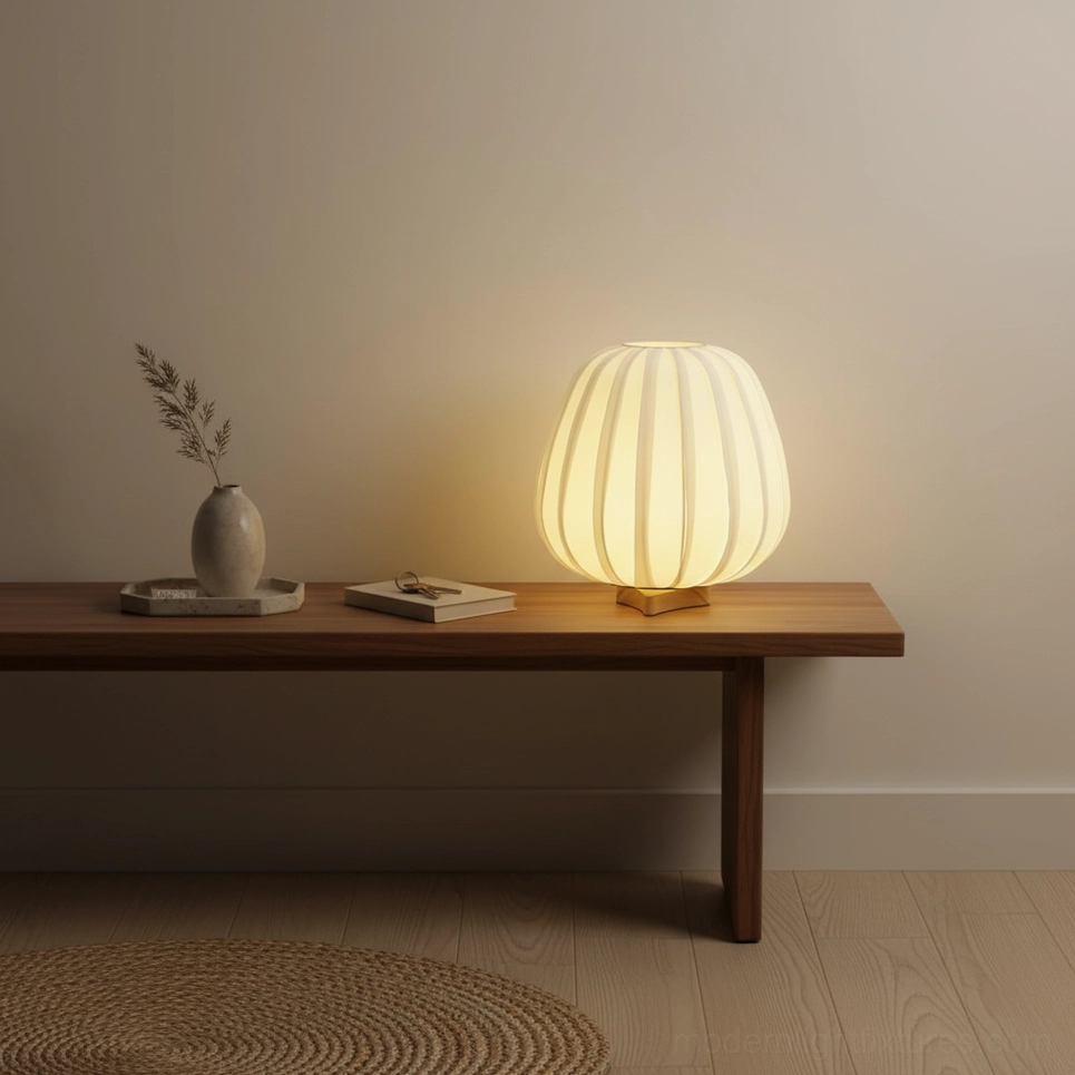 Compact fabric minimalist table lamp on bedroom console with dried floral vase decor