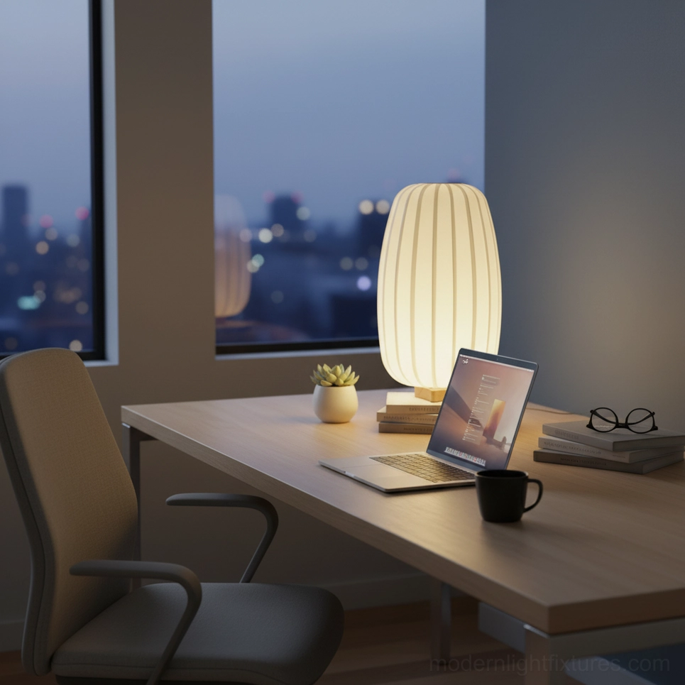 Fabric table lamp with ribbed shade texture and wooden base craftsmanship detail