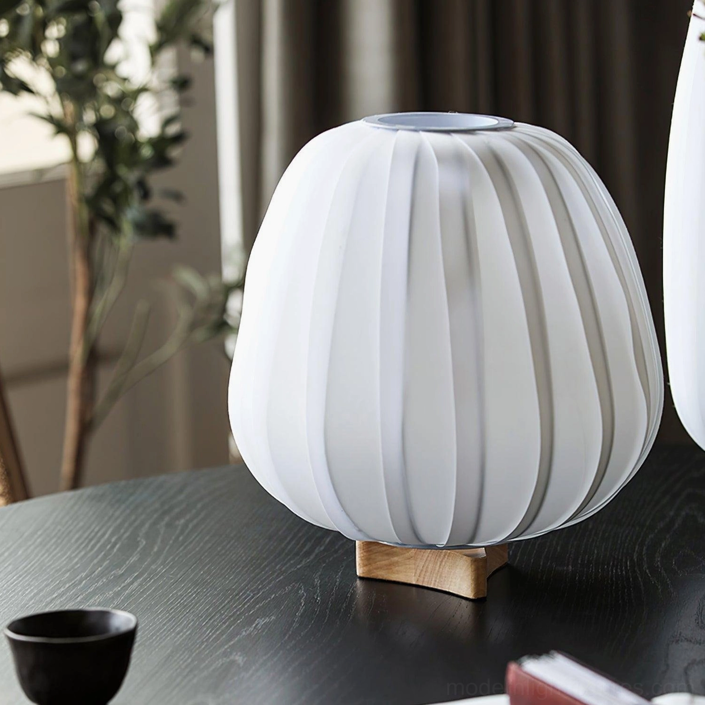 Fabric table lamp wooden base neutral color palette interior design