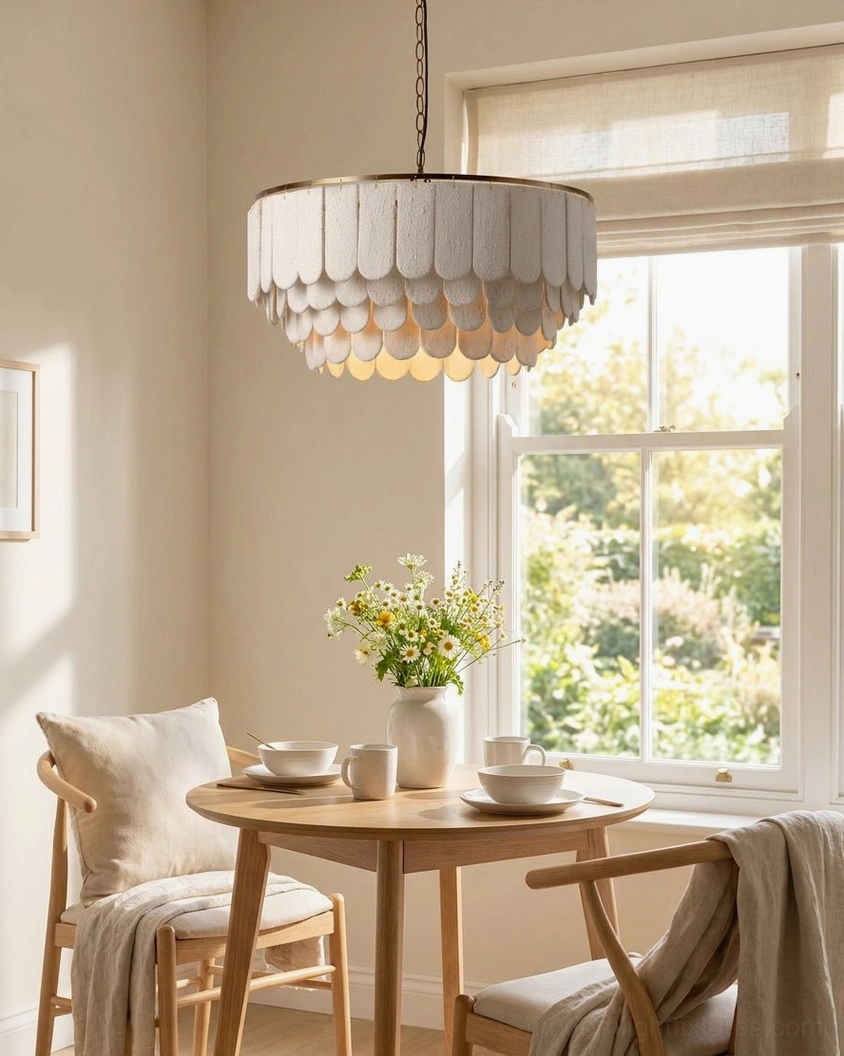 Warm brass scalloped tiered chandelier in casual dining space by large window with light wood furnishings