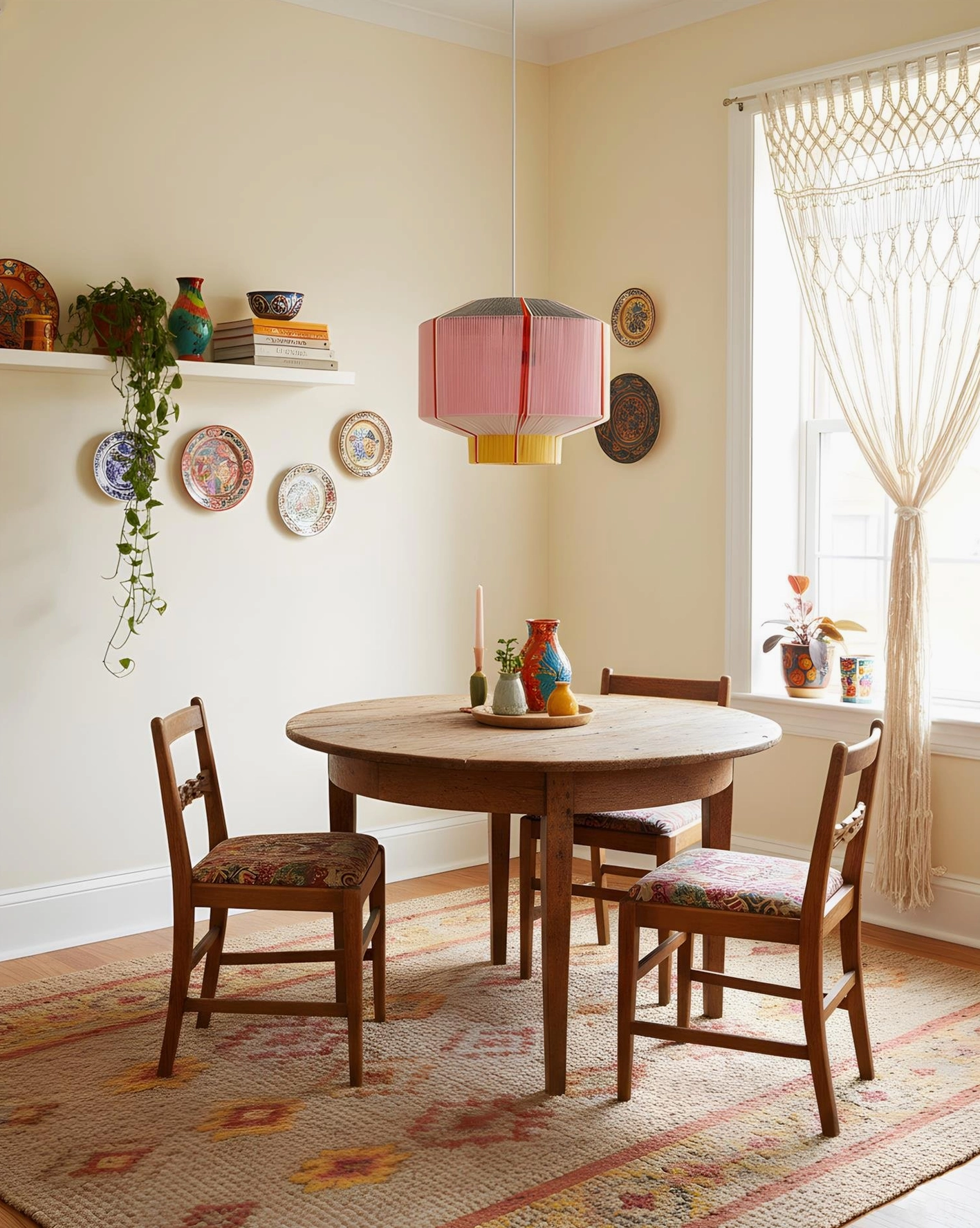 Colorful faceted pendant lamp in farmhouse dining room with macrame curtains and boho wall decorations