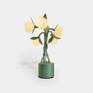 Faira cream-yellow tulip flower table lamp front view studio shot, adjustable petal shades with green matte base, modern botanical desk lighting