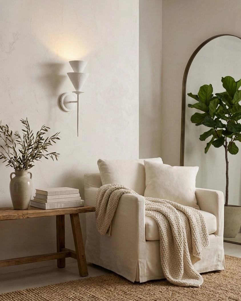 Fanoria sculptural sconce side view in cozy minimalist living room, soft textured white cone lighting fixture