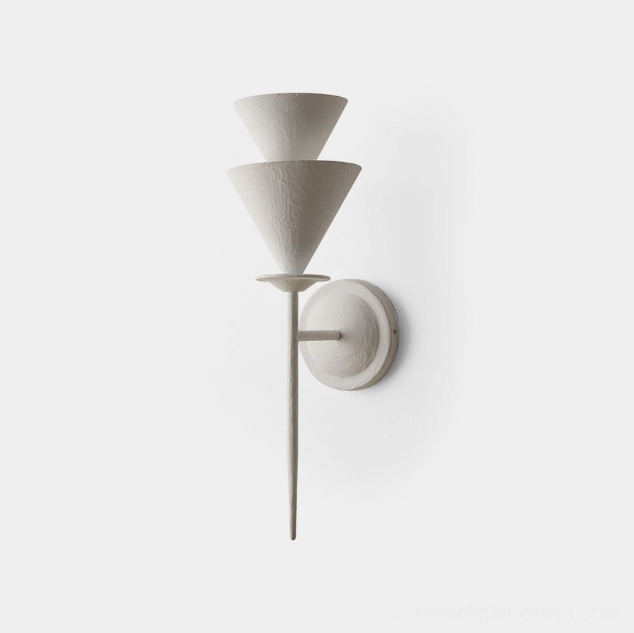 Fanoria sculptural wall sconce with double tapered cone design, front studio view on white background, modern minimalist lighting fixture