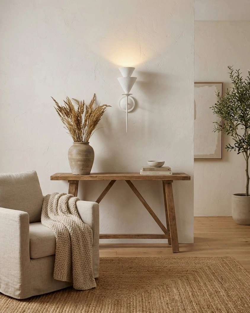 Fanoria sculptural wall sconce above wooden console table in minimalist entryway, wabi-sabi warm neutral decor