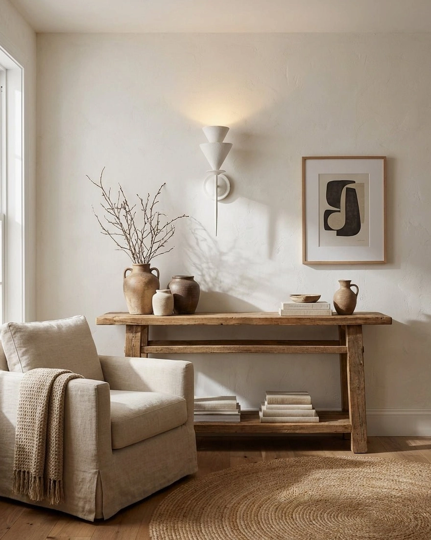 Fanoria modern wall sconce illuminating artwork in contemporary living room, architectural cone design accent lighting